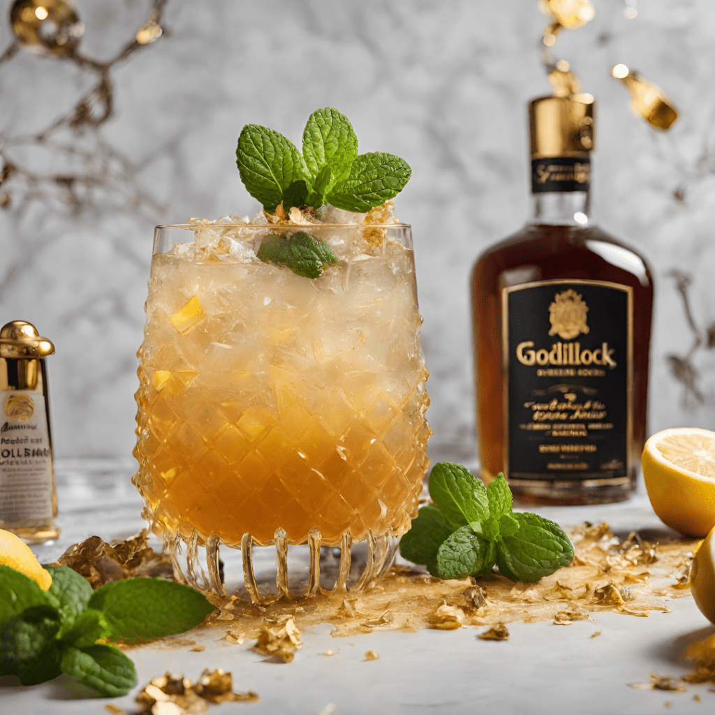 fairytale cocktail inspired by Goldilocks. Honey bourbon smash cocktail garnished with edible gold flakes