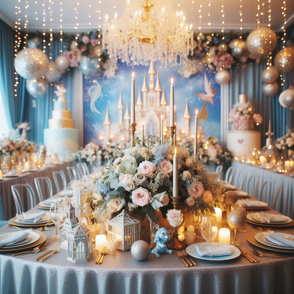 fairytale themed party table decor with fairy lights, castle backdrop, fresh flowers, and lanterns