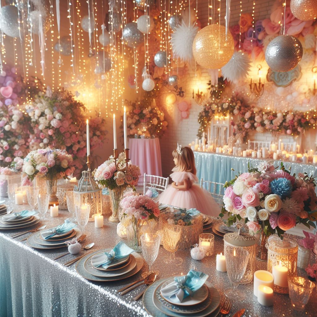 princess themed fairytale party decorations. paper lanterns and fairy lights hang from ceiling while blue and pink table decorations set the scene
