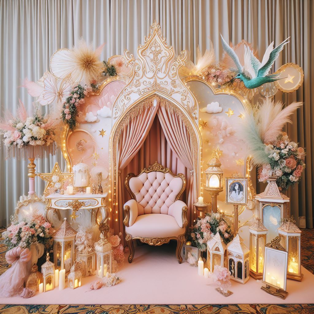 beautiful pink and gold fairytale themed photo booth set up