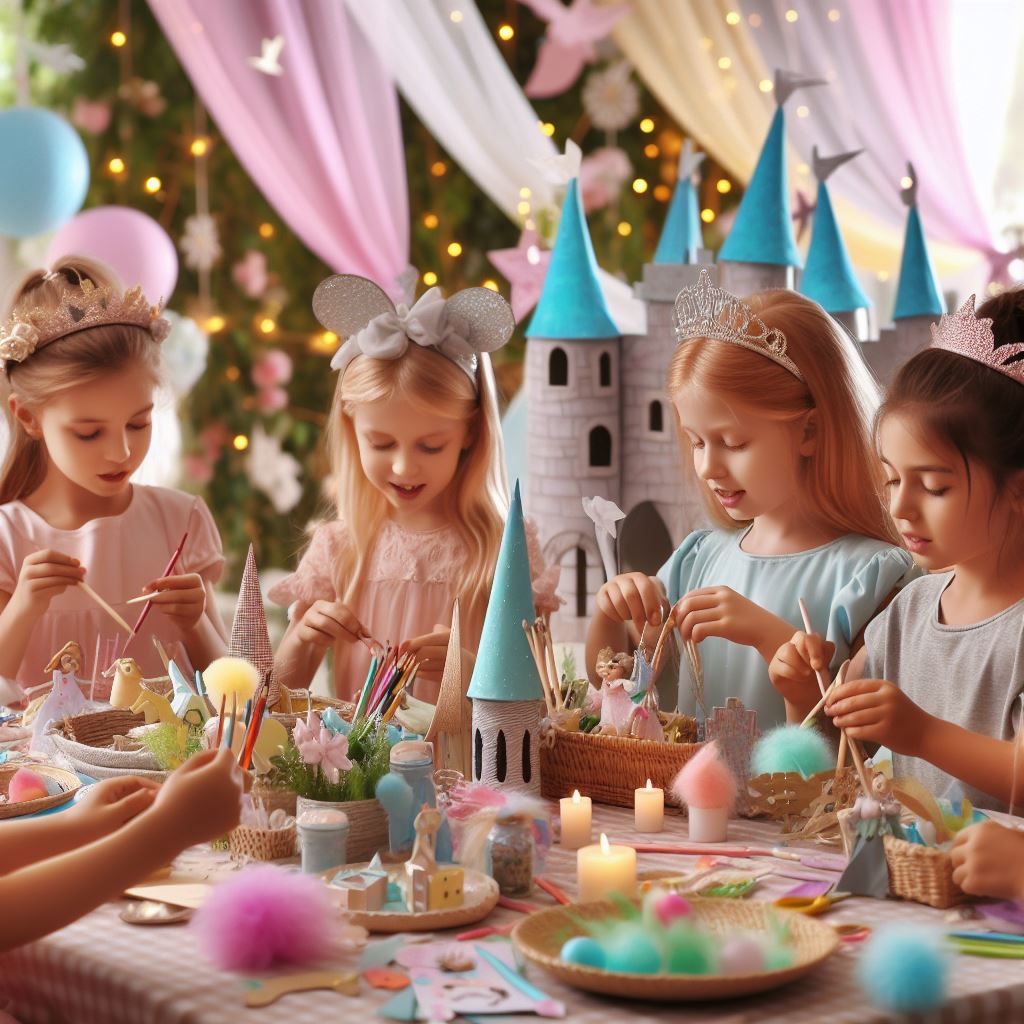 young girls in princess costumes making princess crafts at fairytale themed party