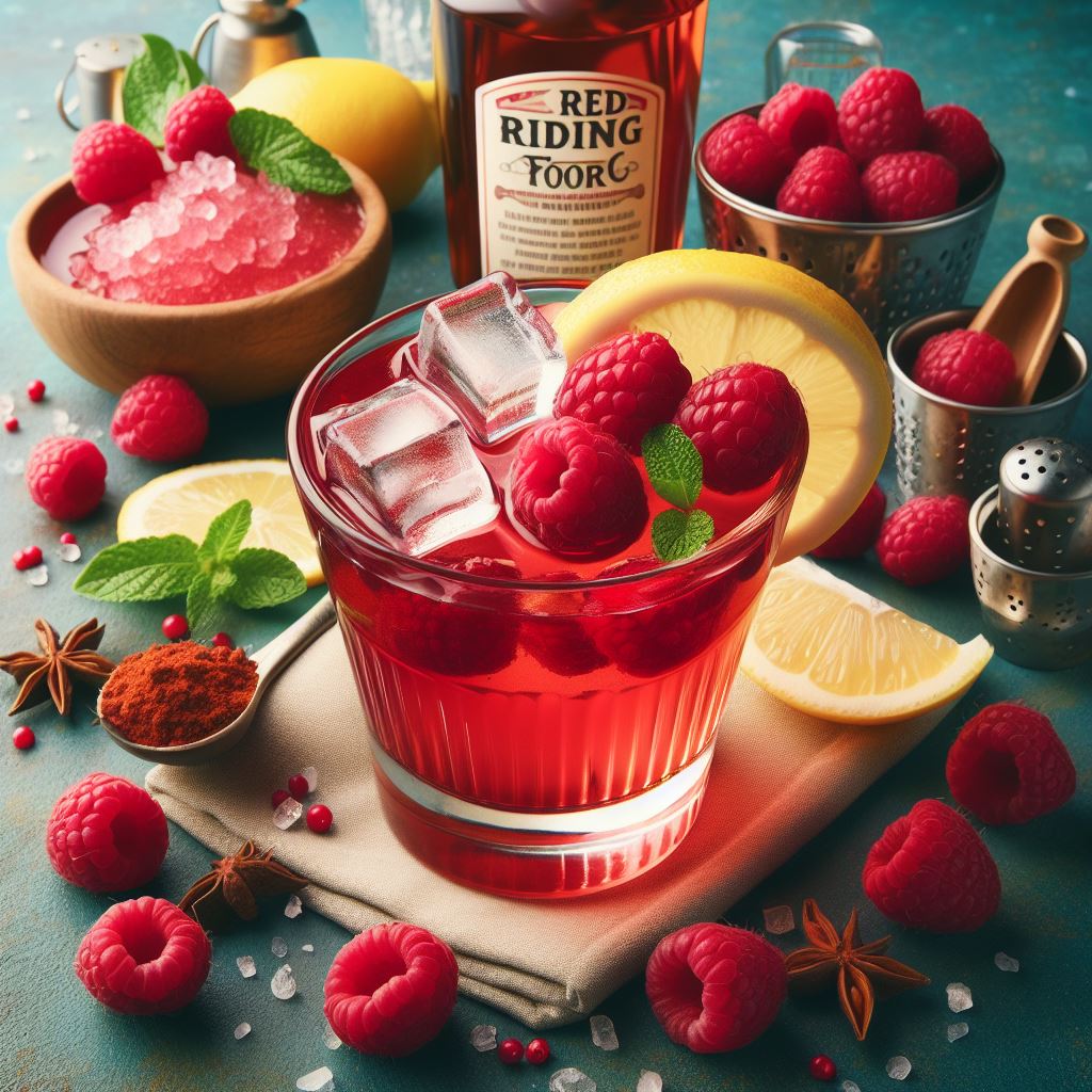 fairytale cocktail inspired by red riding hood. red berry vodka cocktail with red raspberry garnish