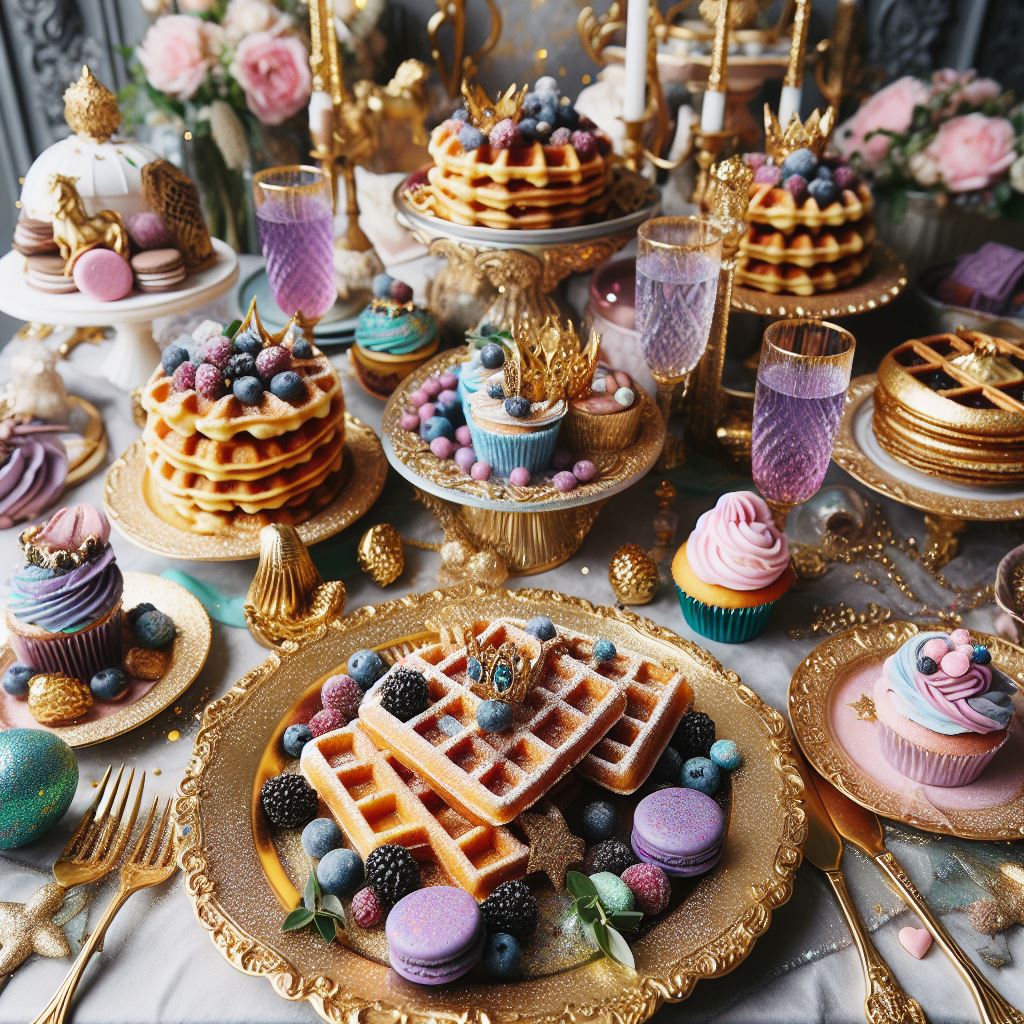 puple and pink stylized brunch table setting for fairytale themed brunch. Food includes waffles and macaroons