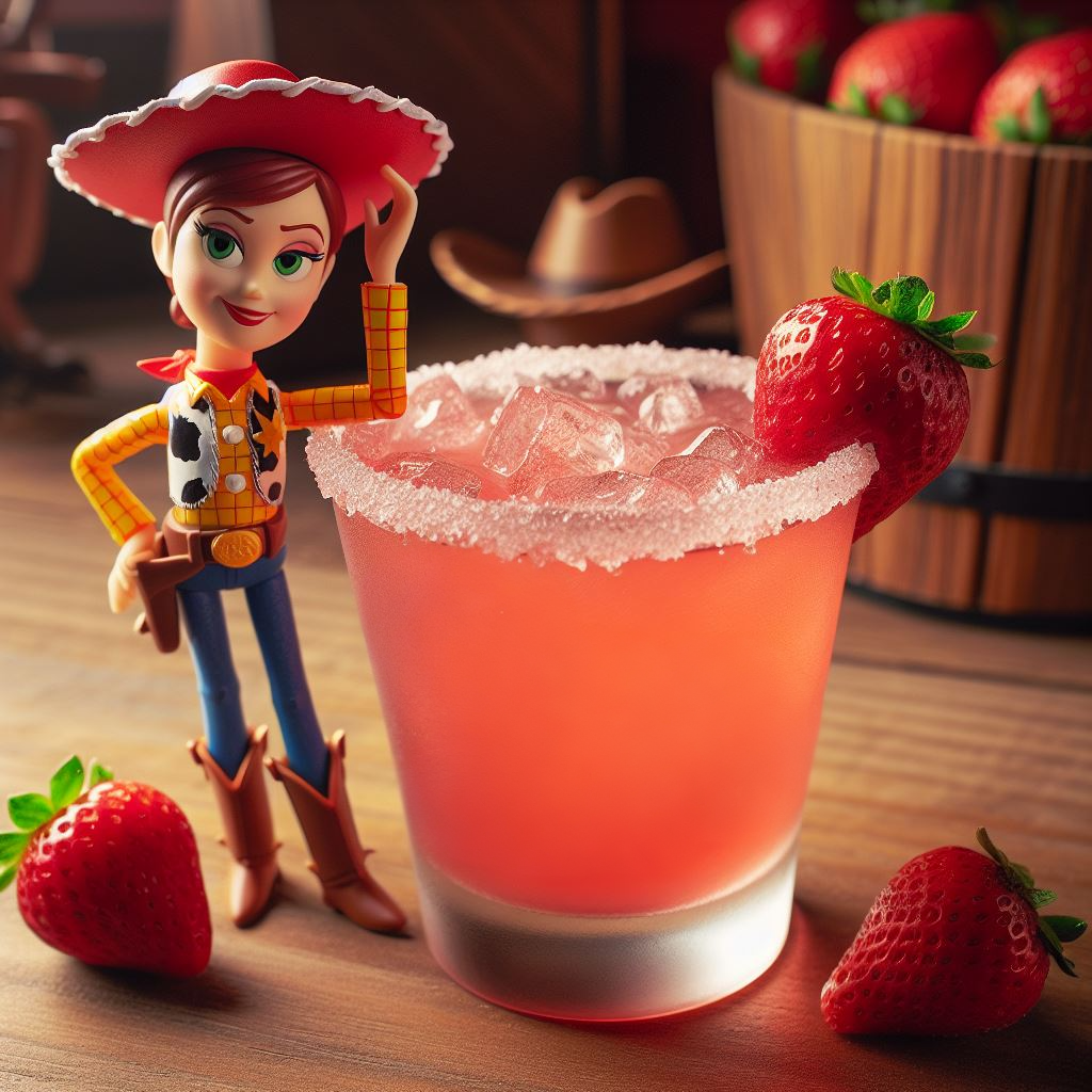 image of a strawberry margarita with Jesse from Toy Story standing next to it