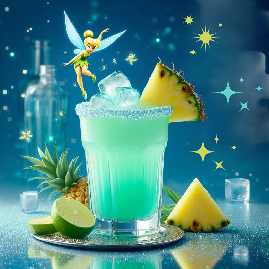 Green blue tropical cocktail with pineapple wedge garnish inspired by Tikerbell 