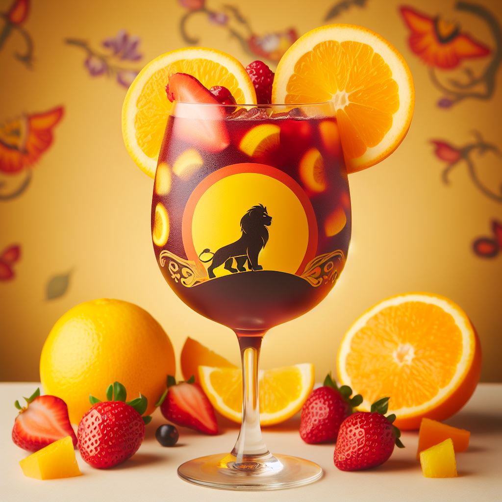 Disney character themed cocktail inspired by Simba from Lion King. Glass of red sangria with picture of lion on wine glass