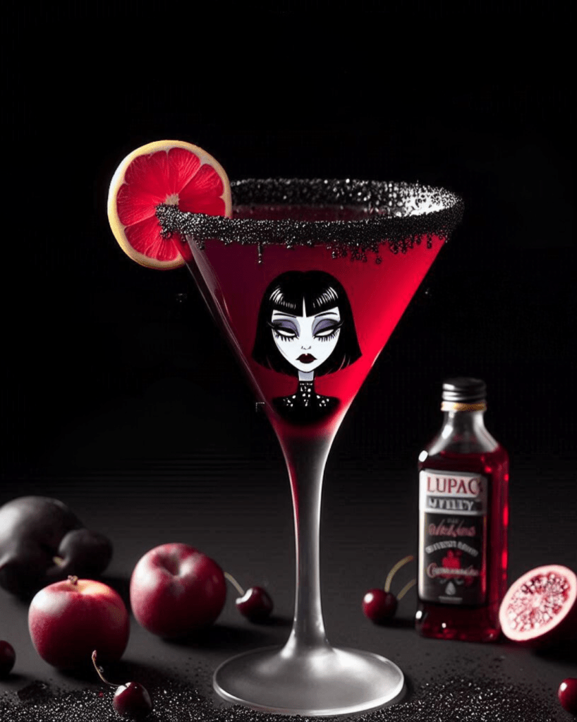 dark red martini inspired by Lydia from Bettlejuice cocktail
