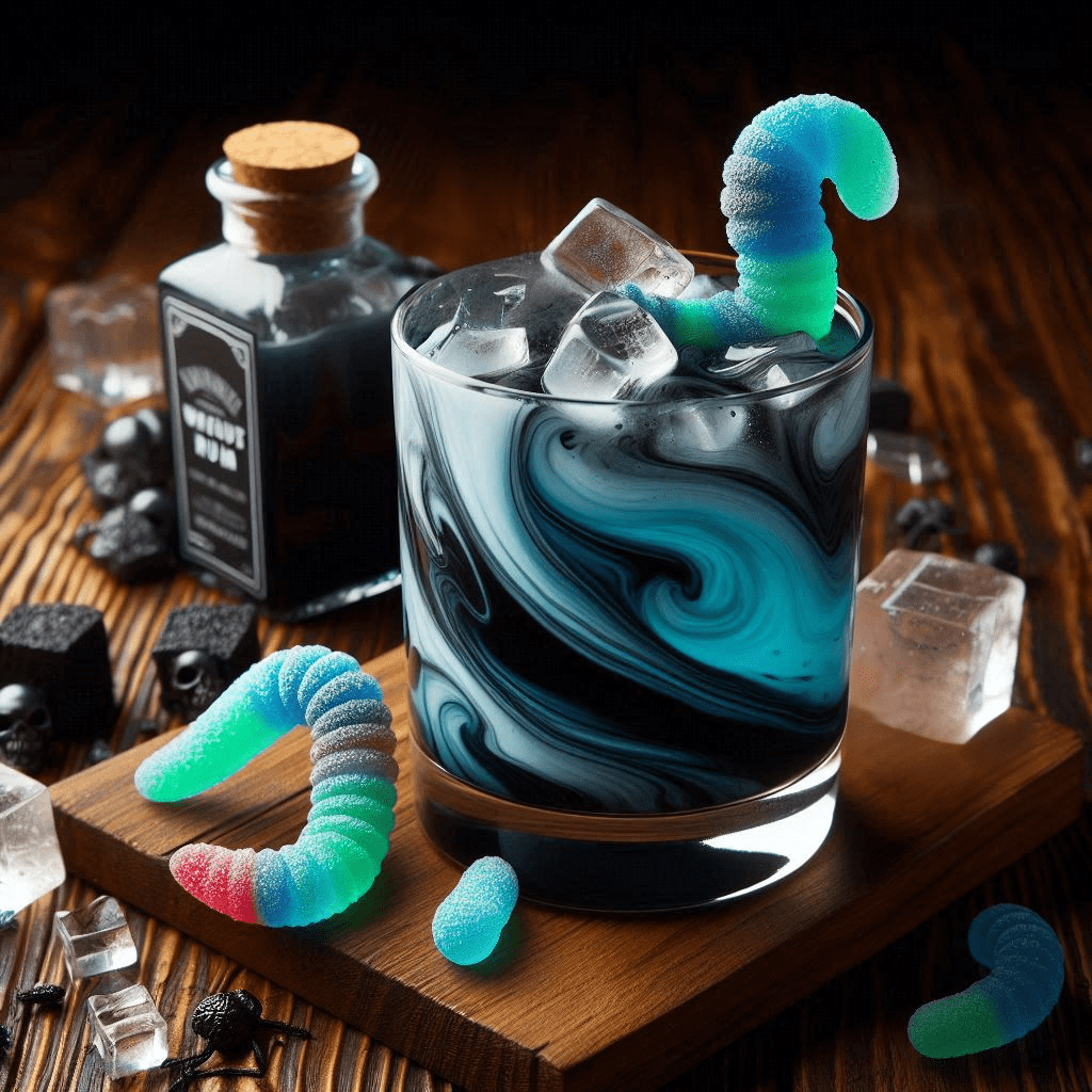 blue and black swirled cocktail with candy gummy worms for garnish inspired by the sand worm from Beetlejuice inspired cocktail