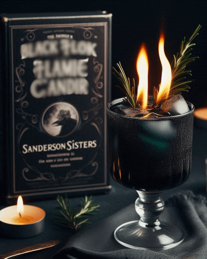 black cocktail garnished with flaming sprig of rosemary inspired by Hocus Pocus movie