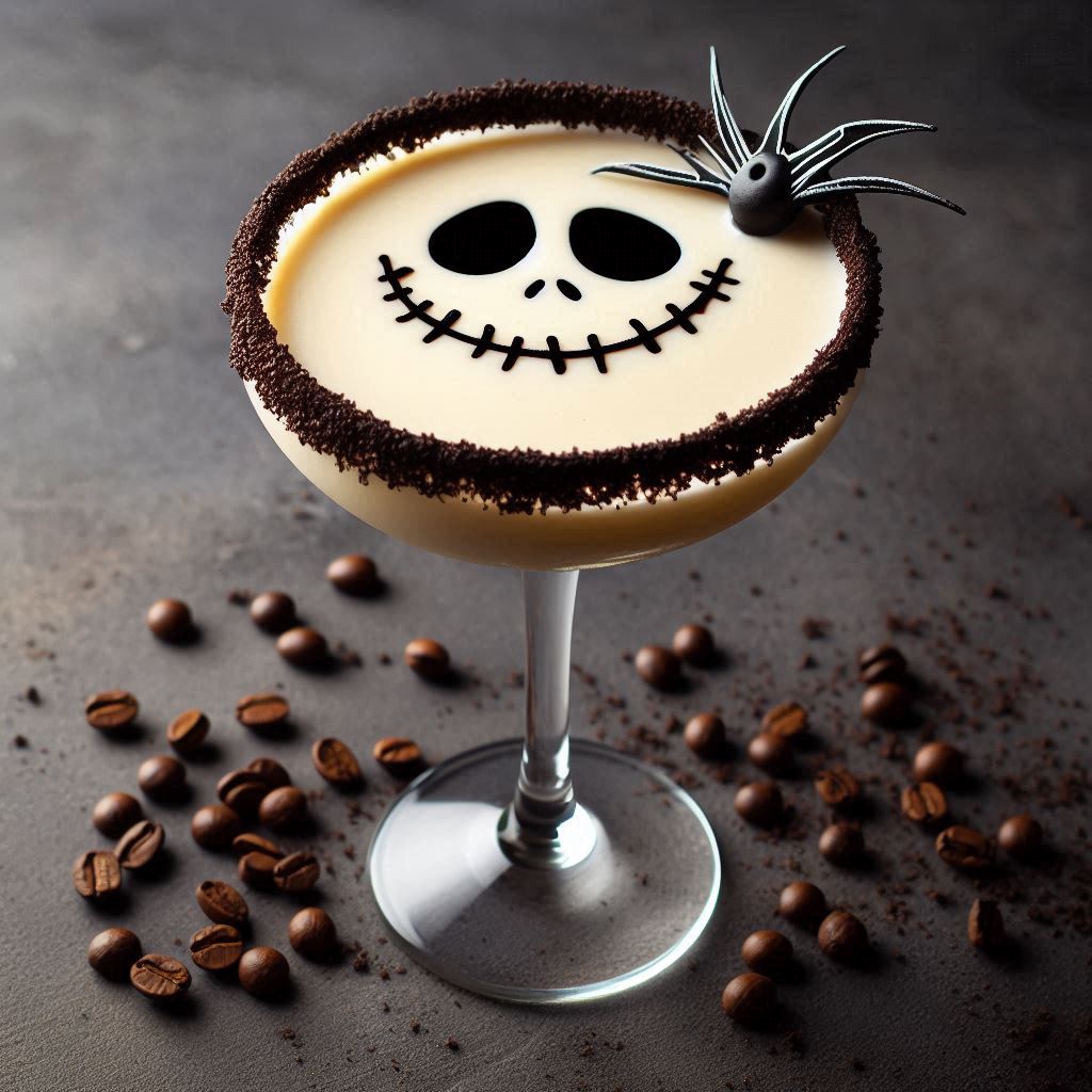 Jack Skellington inspired Martini. A white chocolate and Kahula based cocktail served in a black sugar rimmed martini glass. 