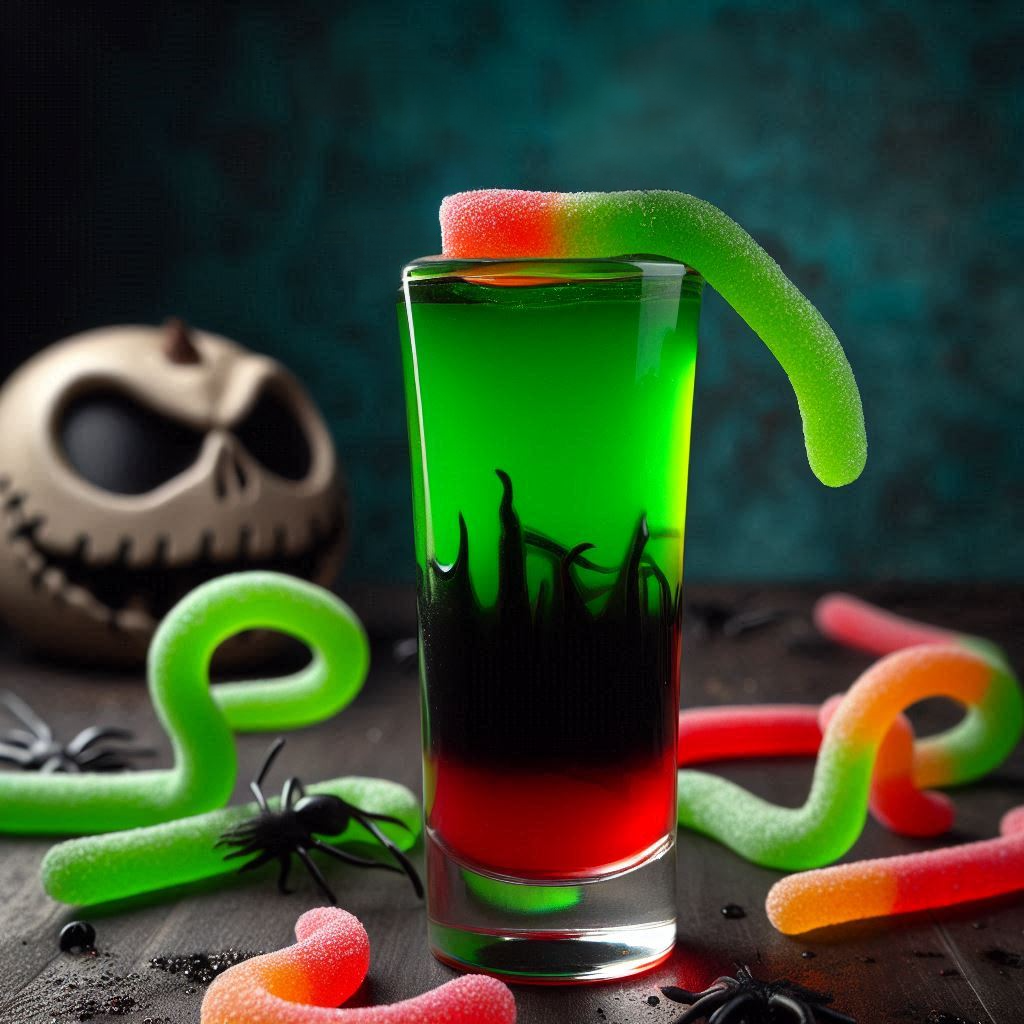 midori melon, black vodka, and grenadine layered shot garnished with a candy gummy worm.