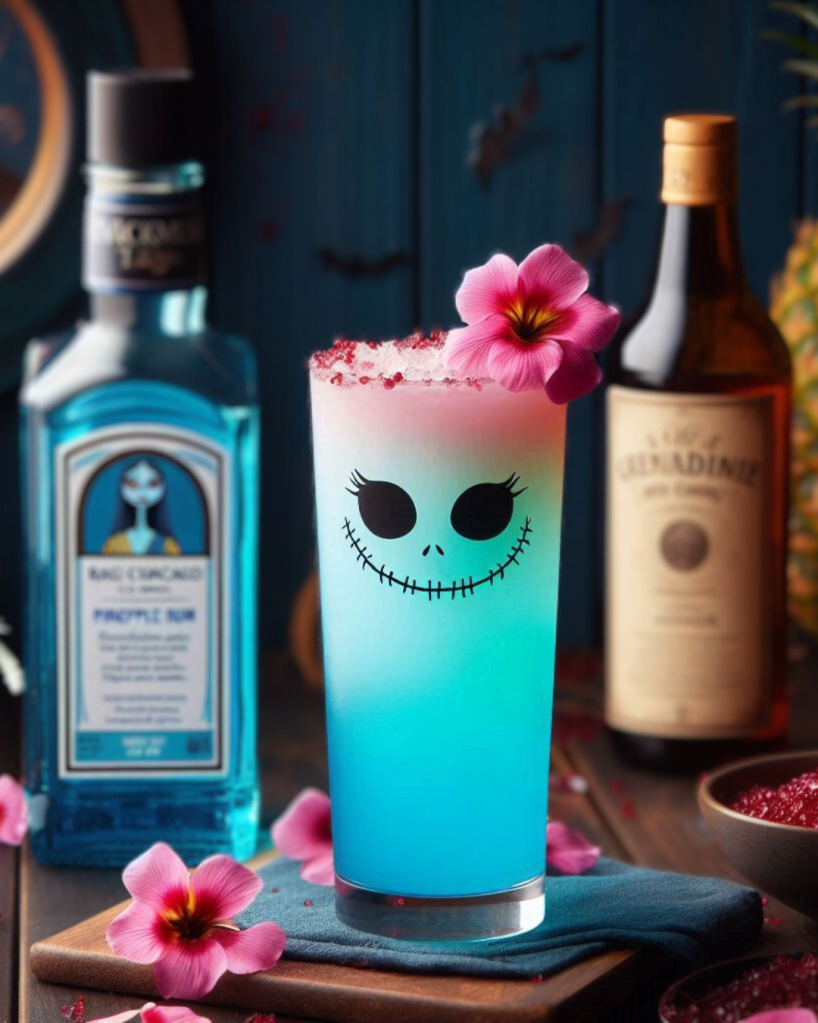 blue and red tropical cocktail inspired by Sally from Nightmare Before Christmas