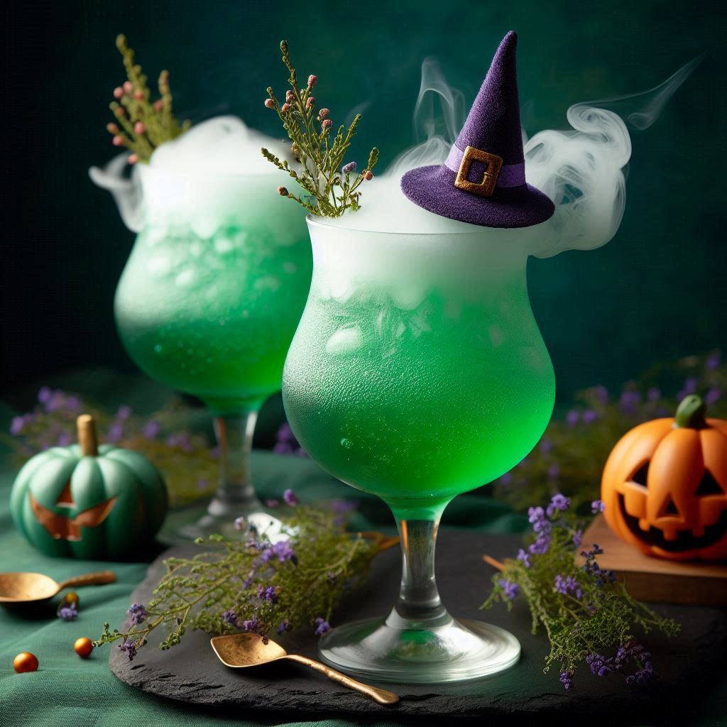 Witches brew cocktail, a bubbling green cocktail inspired by the Sanderson Sisters from Hocus Pocus