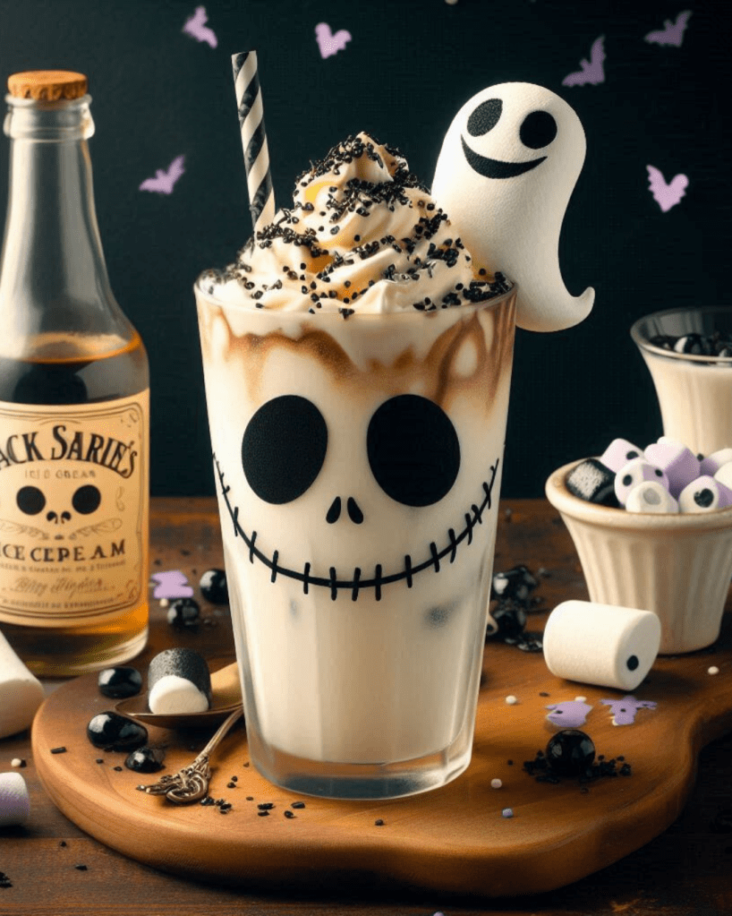 white chocolate liqueur float with ghost marshmallow topper served in Jack Skellington cocktail glass 