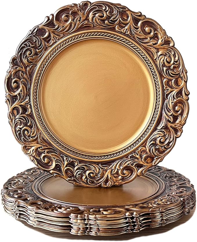Antique Gold Charger Plates, 13 Inch Dinner Plate Chargers Round Server Ware. Set of 6 Plastic Embossed Charger for Dinner, Wedding, Elegant Tableware Decor