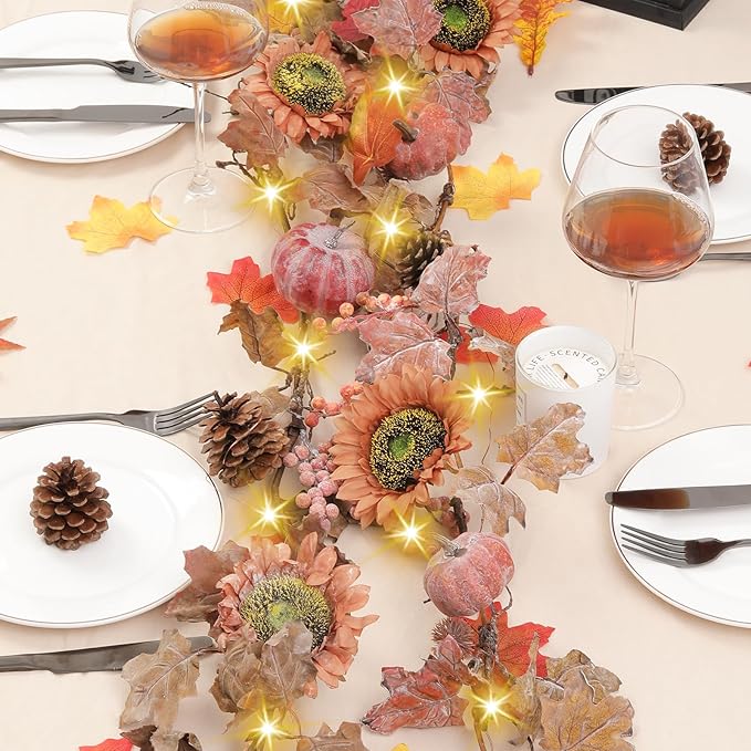 Artgar Fall Garland - Sunflower Garland - 6 Ft Dried Maple Leaf Pumpkin Berry Garland with 30 Warming Lights - Fall Thanksgiving Halloween Farmhouse Mantel Harvest Decor for Home Outdoor Indoor Decor