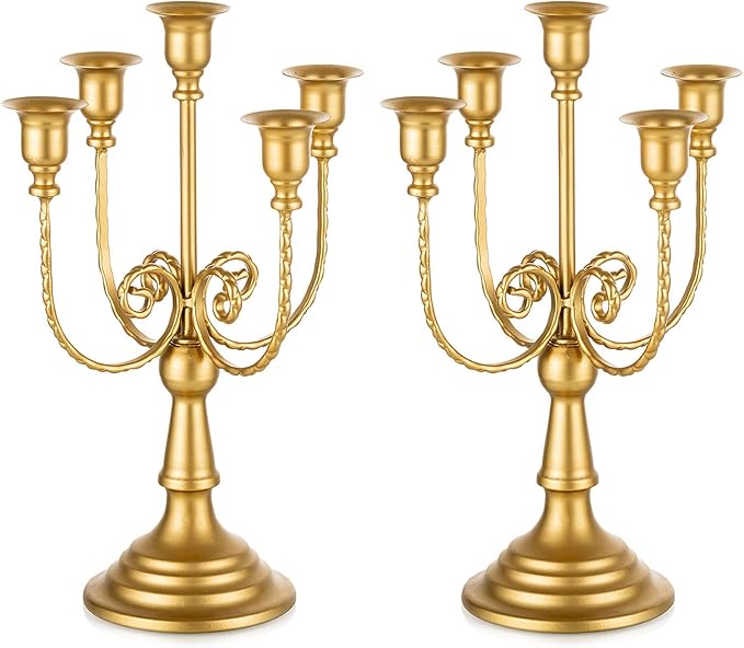 Romadedi Candelabra Gold Candle Holders - 5 Arm 11.8" Wedding Candlestick Holder for Theme Party Table Centrepiece Decor Dining Room Birthday Holiday Christmas, Set of 2