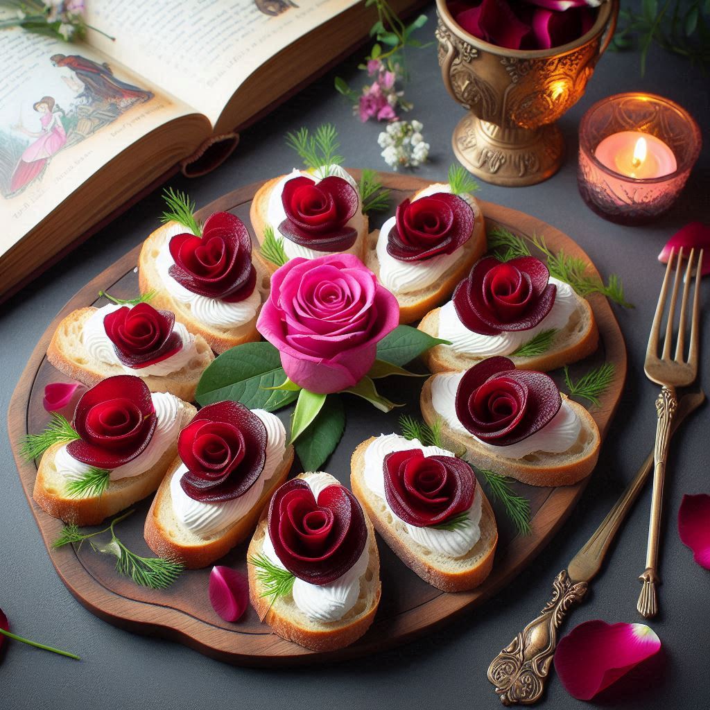beauty and the beast inspired goat cheese and beet bruschetta appetizer