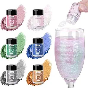 6 Colors Luster Dust Edible Set, Edible Glitter for Cocktails, Food Grade Glitter Shimmer Sprinkle Powder for Drinks, Baking, Beverages, Cakes, Strawberries, Cookies, Fondant, Vegan(5g/Bottle)