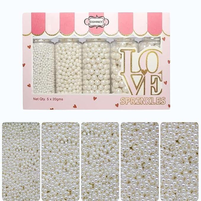 Confect Pearl Sprinkles | Assorted Pack Of 5 White Princess Disco Ball Sprinkles | Frozen Sprinkles | Edible Mix White Pearls & dragees Sprinkles - 3.5 Oz