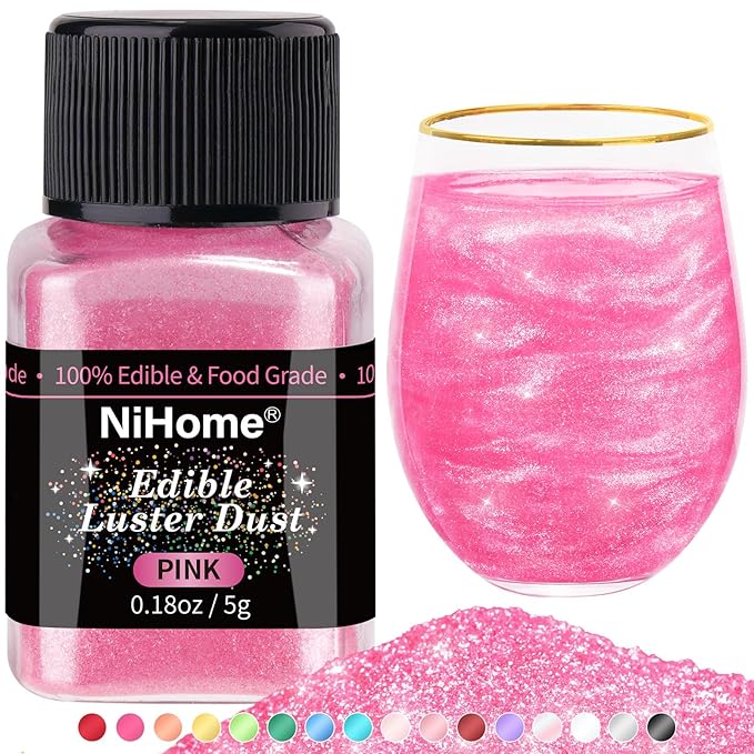 NiHome Edible Food-Grade Glimmer Powder Glitter Luster Dust Metallic Food Decorating Sprinkle Glimmery Dust for Drink Wine Beverage Cake Candy Dessert Bakery Restaurant Vegan (0.18oz/5g, Pink)