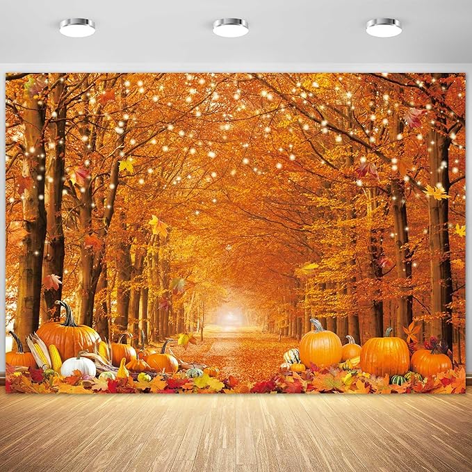 7x5FT Polyester Fall Autumn Photo Backdrop for Photography Autumn Forest Scenery Maple Leaves Pumpkins Background Fall Thanksgiving Day Friendsgiving Party Decorations Fabric