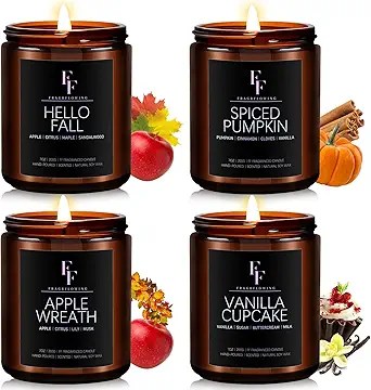 Fall Candles Set, Fall Scented Candles for Home, 4 Pack Natural Soy Autumn Candle, Fall Gifts for Women Men, Fall Fragrance of Pumpkin/Apple Wreath/Hello Fall/Vanilla Cupcake