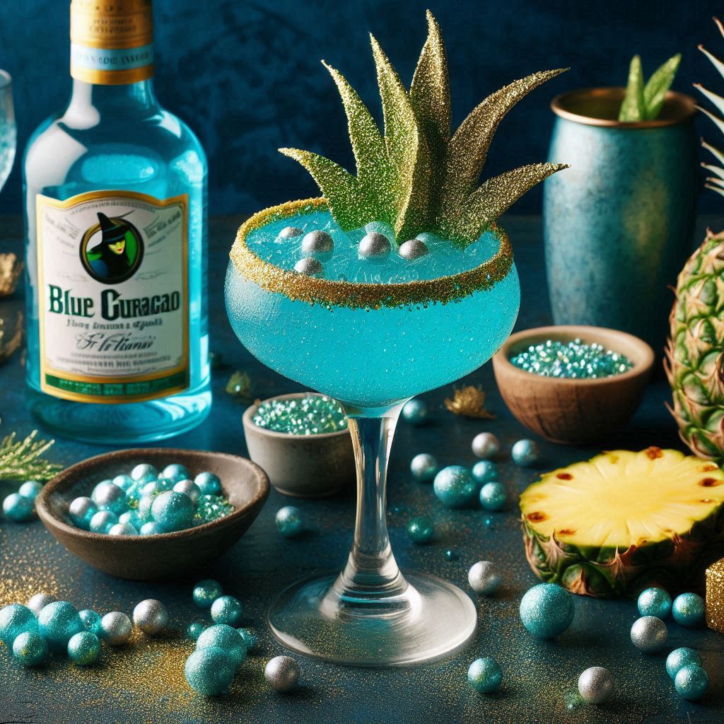 tropical glittery blue cocktail inspired by the Wicked movie
