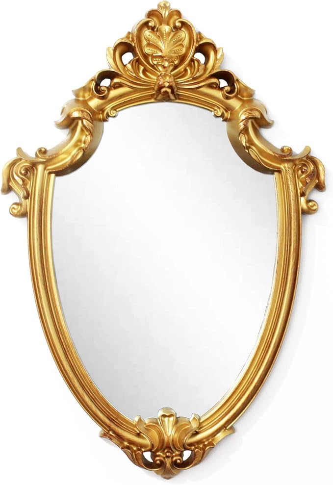 Eaoundm 16.5 x 11 inch Vintage Mirror Antique Mirror Decorative Wall Mirror Shield Shape (Brush Gold)