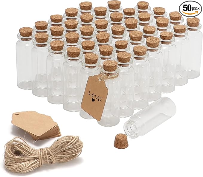 50 Pcs 20ml Mini Glass Bottles with Cork Stoppers, 29x64mm DIY Decoration Tiny Glass Jars, Mini Vials Cork, Message Wishing Bottle with Label Tags and String for Arts Crafts, Decoration, Party Favors