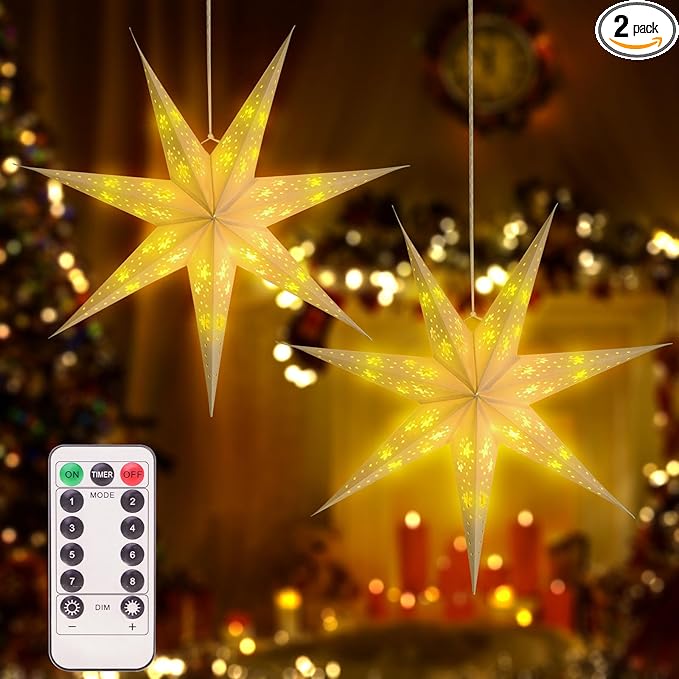 2 Pack 26.8 Inch Paper Star Lantern, 8 Modes 7-Pointed Star Diwali Hanging Paper Lights, Hollow Out Star Christmas Decorations, Christmas Star Paper Lamp Indoor for Birthday Wedding Party