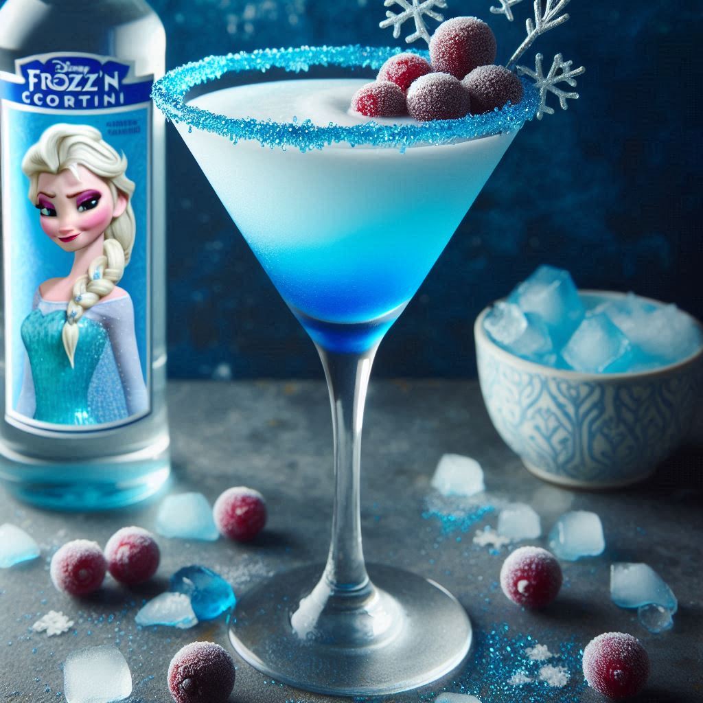 blue sparkly martini inspired by Elsa from Disney's Frozen cocktail