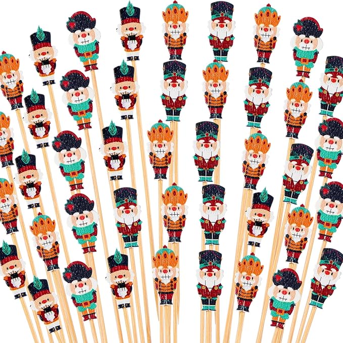 Hushee 400 Pcs Christmas Cocktail Picks Decorative Bamboo Wood Toothpicks Christmas Skewers for Appetizers for Fruit Drink Food Birthday Holiday Xmas Party Decorations (Nutcracker)