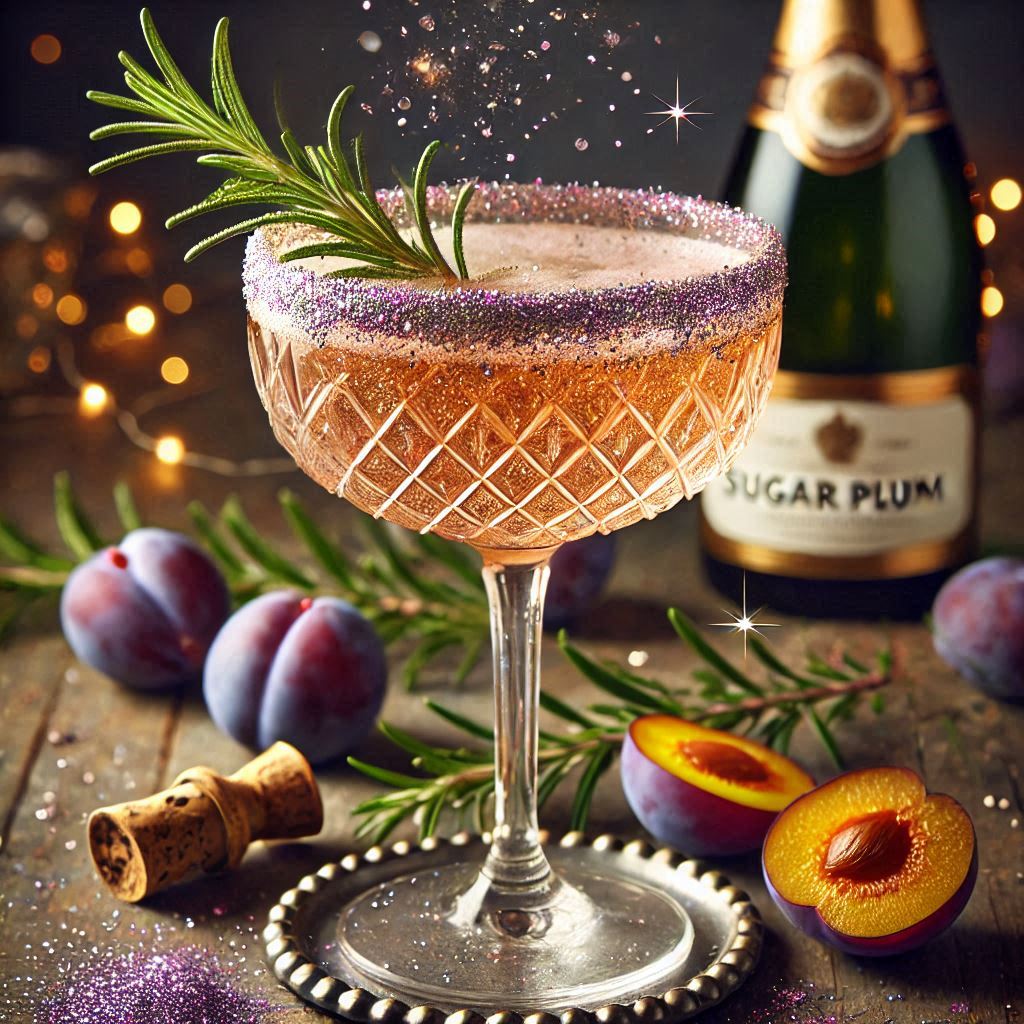 Nutcracker Sugar Plum Sparkler Christmas Cocktail Champagne cocktail with purple glitter glass rim and rosemary sprig garnish