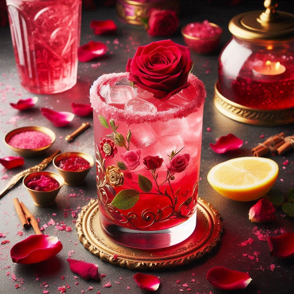 pink rose inspired cocktail served over ice with pink edible glitter and edible rose topper for valentine's day