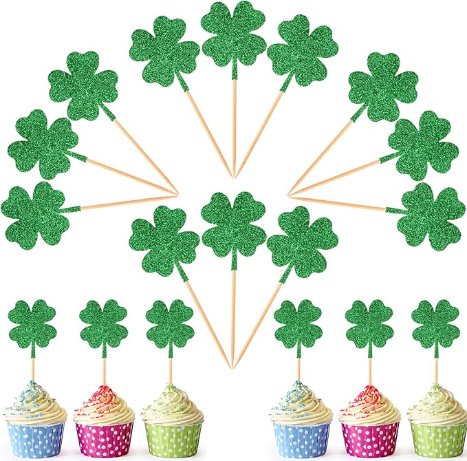 12Pcs St Patrick's Day Cupcake Toppers, Glitter Four Leaf Clover Cupcake Picks, Shamrock Cupcake Toppers, Lucky One Birthday Decorations Wedding Party Cake Decorations
