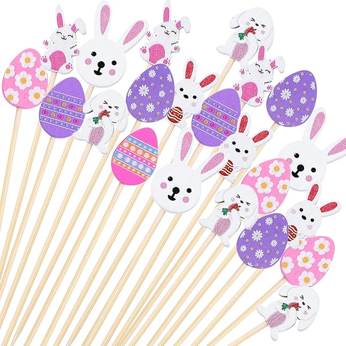 200PCS Easter Cocktail Picks 5.2 Inch Natural Bamboo Cocktail Picks Bunny and Egg Designs for Easter Rabbit Decorations Themed Party Supplies