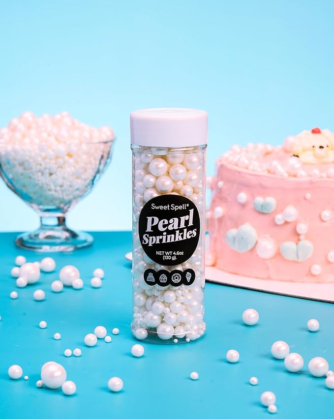 Sweet Spell White Pearl Sprinkles for Cake Decorating (130g/ 4.6oz) - Sugar Candy Ball Pearls for Cupcakes, Ice Cream Toppers, and Baking Cake Decoration
