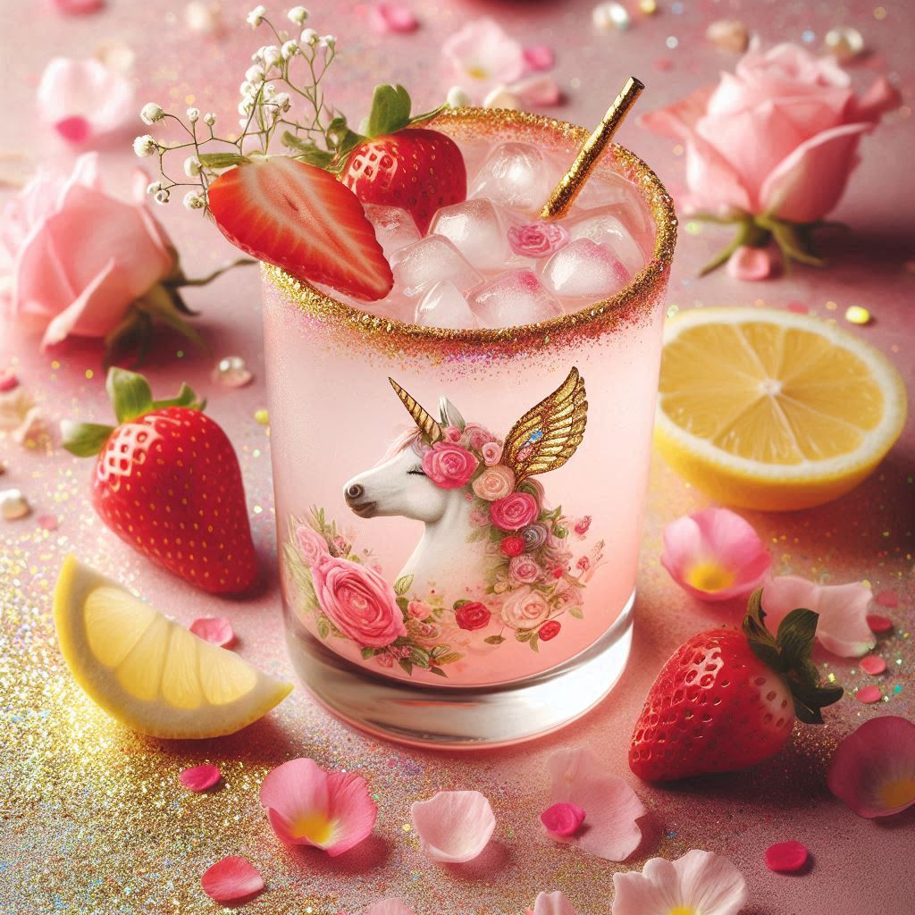 a pink cocktail served in a unicorn themed cocktail glass