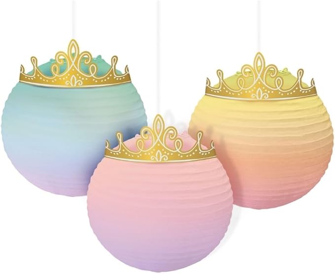 Disney Princess Enchanting Paper Hanging Lanterns - 12.5" x 9.5" (Pack of 3) - Tiara Embellished Hanging Decor, Perfect for Parties and Events