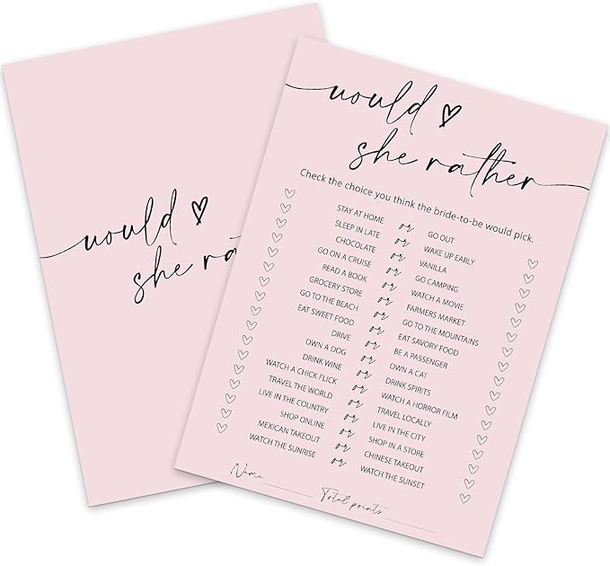 Whaline 50 Sheets Blush Pink Bridal Shower Game Cards Pink Double Sided Party Game Activity Cards for Would She Rather Wedding Bridal Shower Bachelorette Party Games Supplies
