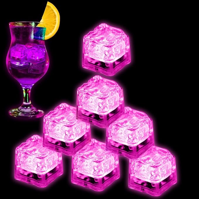 Light Up Ice Cubes for Drinks, 12 PCS Pink LED Ice Cubes Liquid Activated, Glow in The Dark Waterproof Ice Cubes for Home Bar Supplies Summer Party Wedding Decor