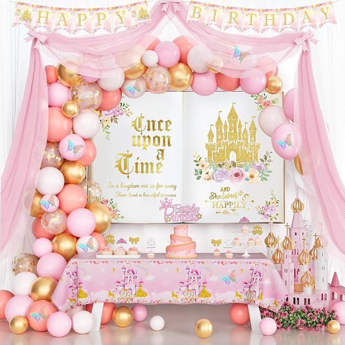 Princess Birthday Party Decorations, Once Upon a Time Birthday Decor, Pink & Gold Backdrop, Tulle Curtain, Balloons, Tablecloth, Banner, Cake & Cupcake Toppers, 4D Butterfly Cutouts