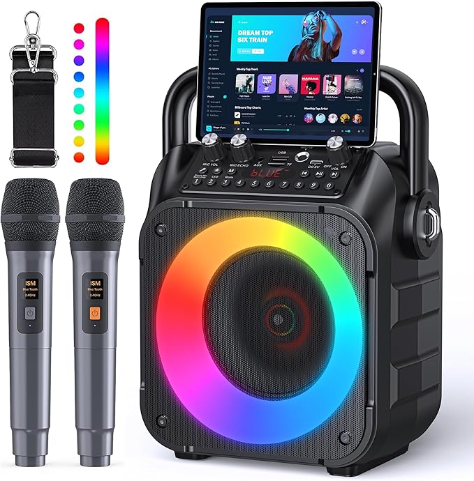 Karaoke Machine, Portable Bluetooth Speaker with 2 Wireless Microphones for Adults & Kids with Lights, Karaoke Microphone with PA System Supports USB/TF/REC/FM/AUX for Home Party