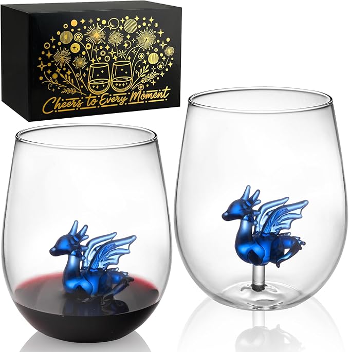 3D Blue Flying Dragon Stemless Wine Glass, Set of 2 Hand-Blown Drinking Glasses, 