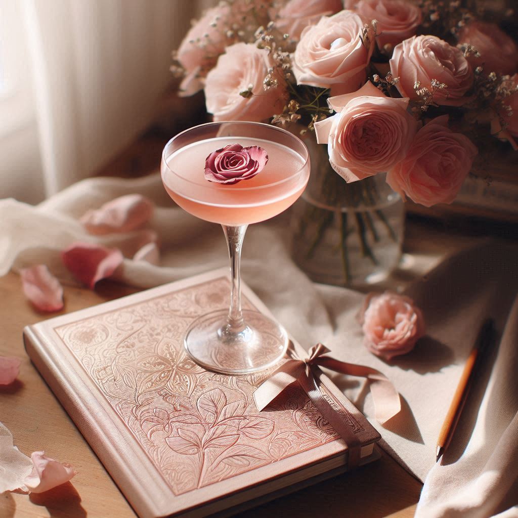 Eldest Daughter

Prompt:
A blush pink strawberry rosé martini in a delicate martini glass. Single rose petal floating on top. Soft natural daylight. Set on a tidy table beside a closed journal and a ribbon-tied bouquet. Gentle, feminine, quiet strength, warm neutral tones, bittersweet softness.