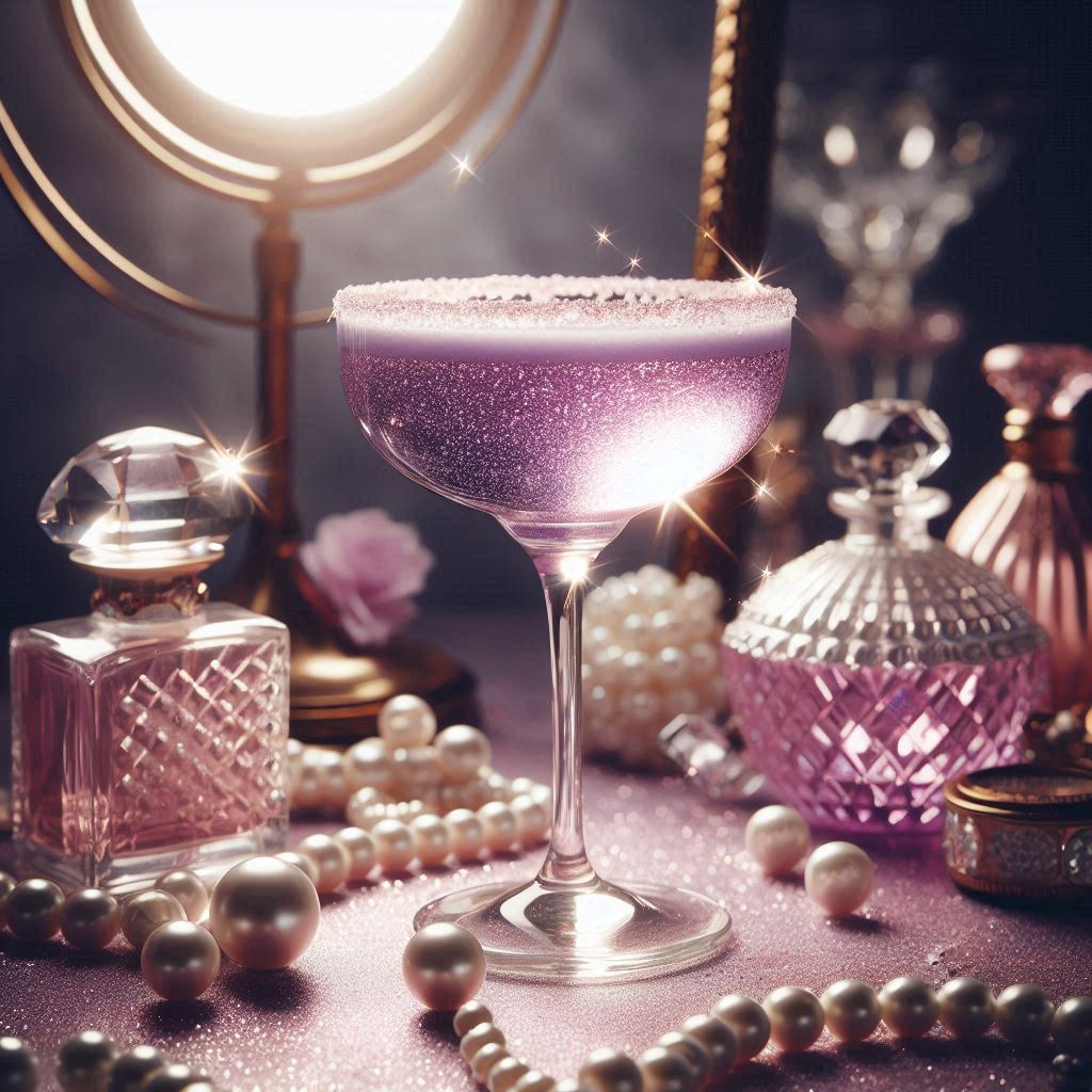 Elizabeth Taylor

Prompt:
A glamorous violet martini in a coupe glass, sparkling with subtle edible glitter. Sugared rim. A soft spotlight highlighting the drink like jewelry. Background of pearls, perfume bottles, vintage vanity mirror, soft pink and lavender tones. Old Hollywood, elegant, luxurious, diamond glow lighting.