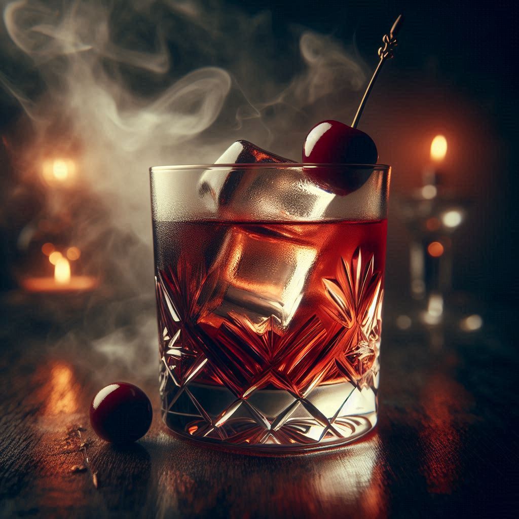 Father Figure

Prompt:
A heavy crystal rocks glass containing a dark cherry-red bourbon cocktail. One large clear ice cube. Single Luxardo cherry on a cocktail pick. Warm, moody, lowlight bar atmosphere with smoky amber tones. Velvet background or dark wood tabletop. Cinematic contrast, film noir elegance, sensual and intense mood.