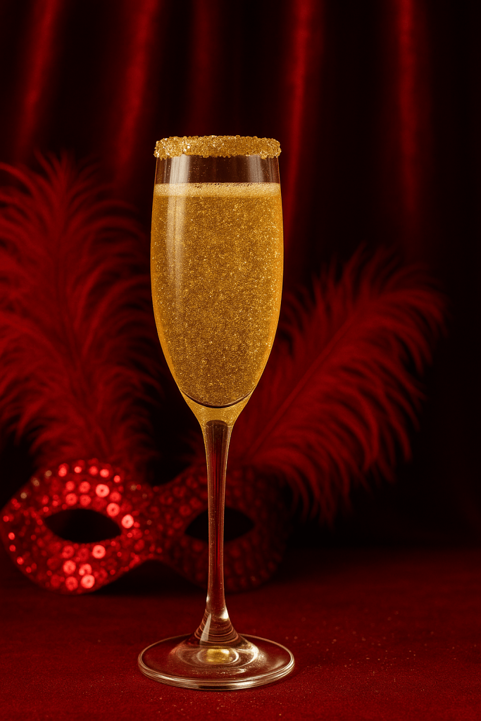 a cocktail inspired by The Life of a Showgirl album by Taylor. Champagne cocktail mixed with gold glitter, served in gold glitter rimmed champagne flute