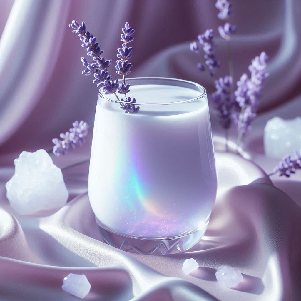 Opalite

Prompt:
A milky white lavender cocktail in a clear glass, shimmering with pearlescent opal sheen. Topped with a sprig of lavender. Soft glowing light, airy pastel palette. Background of satin fabric, moonstone crystals, pale violet highlights. Ethereal, dreamy, angelic, serene, gentle soft-focus glow.